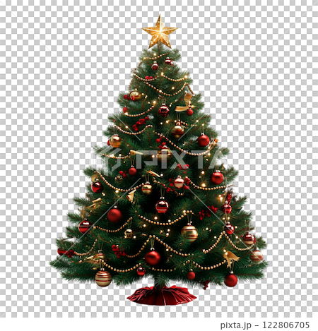 Decorated Christmas tree adorned with red and gold ornaments, twinkling fairy lights, and a golden star topper, isolated on a transparent background 122806705
