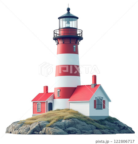 Red and white striped lighthouse on a rocky island with green grass, isolated on a transparent background. A maritime navigational structure, ideal for coastal and nautical themes. 122806717