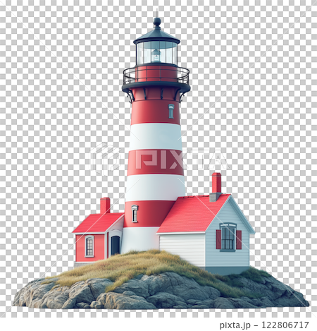 Red and white striped lighthouse on a rocky island with green grass, isolated on a transparent background. A maritime navigational structure, ideal for coastal and nautical themes. 122806717