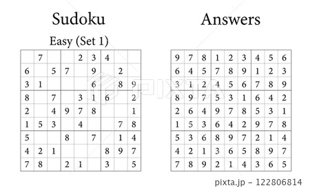 Sudoku Puzzle 9x9 Set 1 Easy with Answers, Fun Brain-Training Game for Kids, Teens and Adults, Vector Sudoku Puzzle 9x9 Set 1 Easy with Answers, Fun Brain-Training Game for Kids, Teens and Adults, Vector 122806814