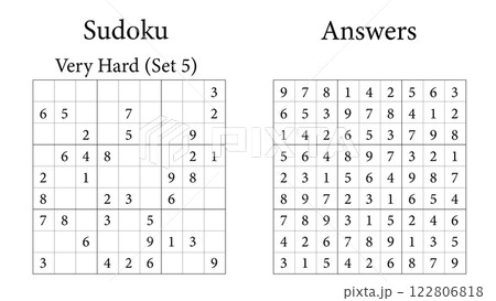 Sudoku Puzzle 9x9 Set 5 Very Hard with Answers, Fun Brain-Training Game for Kids, Teens and Adults, Vector Sudoku Puzzle 9x9 Set 5 Very Hard with Answers, Fun Brain-Training Game for Kids, Teens and Adults, Vector 122806818