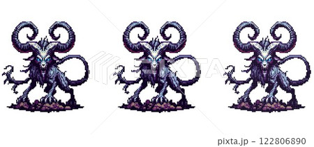 Pixel art creature with large curved horns glowing blue eyes and a snarling mouth with sharp teeth standing on a rocky surface Pixel art creature with large curved horns glowing blue eyes and a snarling mouth with sharp teeth standing on a rocky surface 122806890