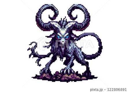 Pixel art creature with large curved horns glowing blue eyes and a snarling mouth with sharp teeth standing on a rocky surface 122806891