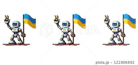Pixel art robot with yellow and blue accents holding the Ukrainian flag and making a peace sign Pixel art robot with yellow and blue accents holding the Ukrainian flag and making a peace sign 122806892