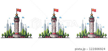 Pixel art depiction of a tall tower with a Chinese flag on top, green roof, and red accents, surrounded by trees and modern skyscrapers 122806924