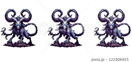 Pixel art creature with large curved horns glowing blue eyes and a snarling mouth with sharp teeth standing on a rocky surface 122806925