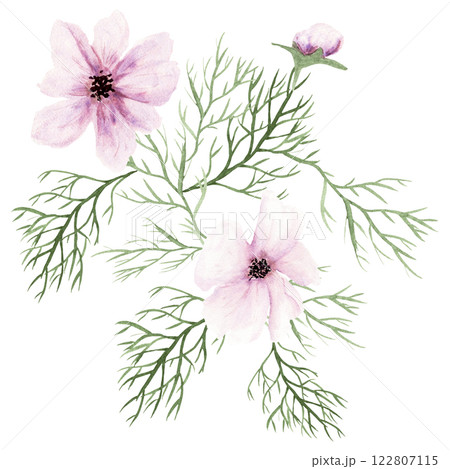 Watercolor composition of three pink fantasy flowers with green leaves on white background 122807115
