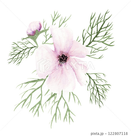 Watercolor composition of pink fantasy flowers with green leaves on white background Watercolor composition of pink fantasy flowers with green leaves on white background 122807118