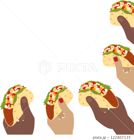 Male and female hands of different nationalities holding tacos. Human hands Corner frame. Copy space 122807135