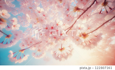 幻想的な桜の花 – 柔らかな春の光とピンクの花びら 122807161