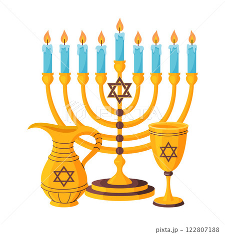 Golden Menorah with nine lit candles, jug of oil and goblet of wine. Hand drawn flat style 122807188