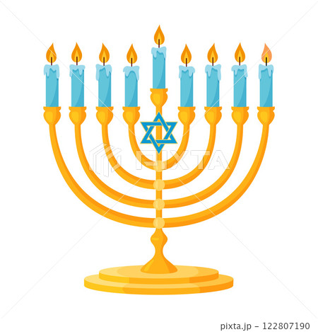 Menorah with nine lit candles. Hand drawn trendy flat style isolated icon 122807190