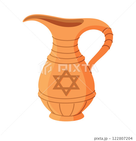 Hanukkah jug of olive oil Hand drawn trendy flat style isolated icon.Hanukkah traditional treats Hebrew food. Religious holiday meal. Happy Hanukkah. 122807204