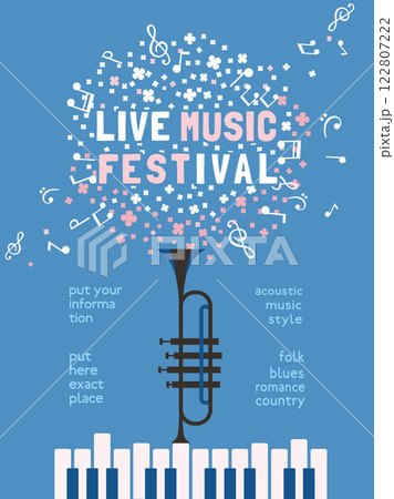 Spring Season Live Music Festival minimal design vector poster. Piano keyboard, trumpet, musical notes cartoon illustration. Blooming Vibes Music Fest performance, outdoor event celebration background Spring Season Live Music Festival minimal design vector poster. Piano keyboard, trumpet, musical notes cartoon illustration. Blooming Vibes Music Fest performance, outdoor event celebration background 122807222