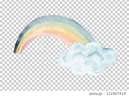 Colored rainbow in pastel colors with blue Cloud. Watercolor hand drawn illustration isolated on white background. Design for kids, greeting cards and nursery posters. 122807419