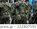 Colombian army patrolling the streets, military forces on urban patrol in Colombia, soldiers securing the streets in Colombia, army troops conducting street patrol, Colombian military presence in 122807595
