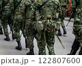 Colombian army patrolling the streets, military forces on urban patrol in Colombia, soldiers securing the streets in Colombia, army troops conducting street patrol, Colombian military presence in 122807600