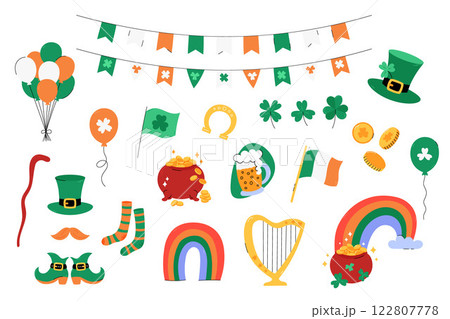 Patricks Day vector set, colorful clipart, elements. Cute flat and doodle illustrations leprechaun stuff, pot of gold, clovers and shamrocks, rainbow and festive objects. Saint Patrick Day March 17 122807778