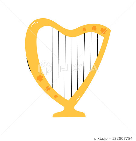 Harp isolated vector illustration. Saint Patricks Day symbol. Golden Irish harp with shamrock ornament. March 17 design element, object isolated. Festive harp traditional musical instrument Harp isolated vector illustration. Saint Patricks Day symbol. Golden Irish harp with shamrock ornament. March 17 design element, object isolated. Festive harp traditional musical instrument 122807784
