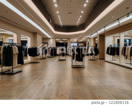 Empty clothes shop with numerous hangers. Concept banner for a shop, overconsumption of clothes 122808138