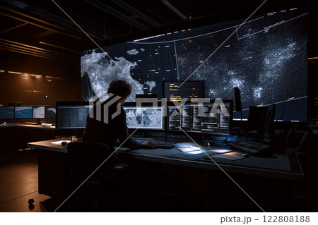 Monitoring global data from a high-tech control center at night with digital maps and screens displaying information 122808188