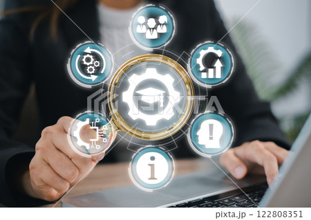 Visual representation of knowledge management with digital icons, highlighting business strategy and innovation in modern organizations. 122808351