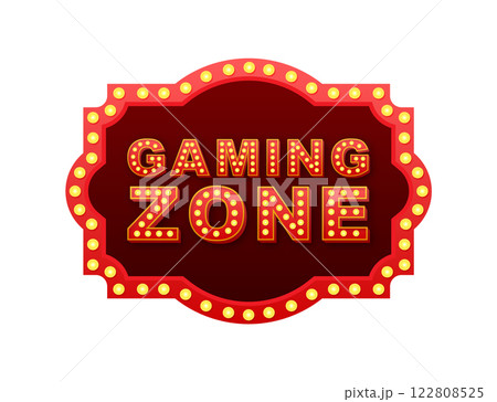 Illuminated gaming zone sign with glowing light bulbs is inviting players 122808525