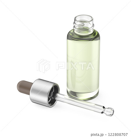 Glass bottle with green liquid and pipette 122808707