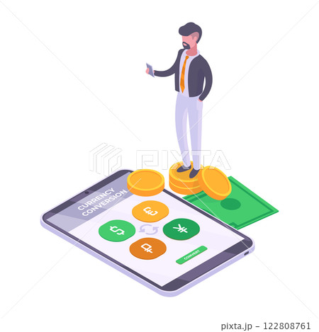 Currency exchange app. Isometric online money transaction service, currency conversion 3d vector illustration. Mobile exchange app user on white background Currency exchange app. Isometric online money transaction service, currency conversion 3d vector illustration. Mobile exchange app user on white background 122808761
