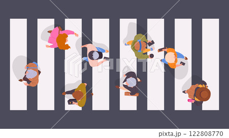 Pedestrians on crosswalk. People walking down the street top view, male and female passersby crossing road flat vector illustration. Characters crossing road view from above 122808770