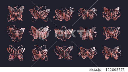 Shiny y2k butterflies. Cartoon abstract y2k aesthetic flying insect, glisten foil butterfly silhouettes flat vector illustration. Butterfly decor collection 122808775