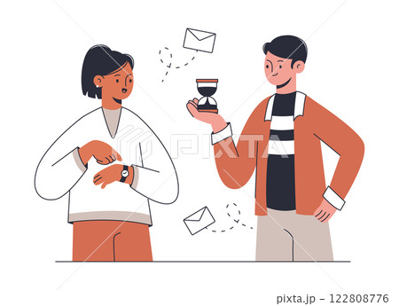 Time management concept. Business people do work on time, successful teamwork workflow flat vector illustrations. Business team workflow scene 122808776
