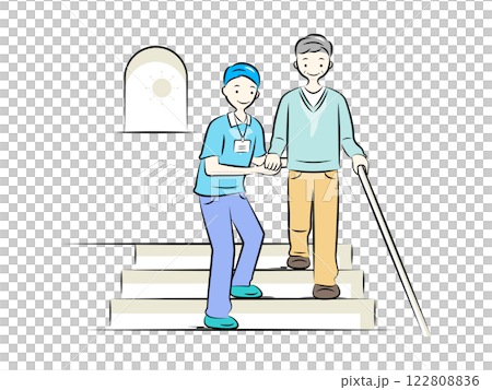 Caregiver helping an elderly man go up and down the stairs | Caregiving Series 122808836
