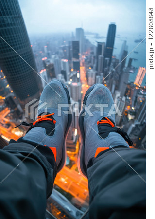 Aerial view of cityscape with person wearing stylish sneakers on skyscraper edge at dusk overlooking urban skyline 122808848
