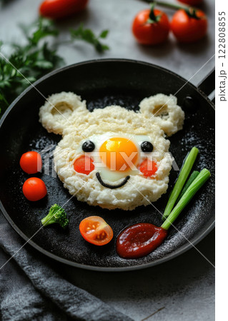 Creative bear-shaped fried egg breakfast with fresh tomatoes, scallions, olives, broccoli, and ketchup in a nonstick skillet Creative bear-shaped fried egg breakfast with fresh tomatoes, scallions, olives, broccoli, and ketchup in a nonstick skillet 122808855