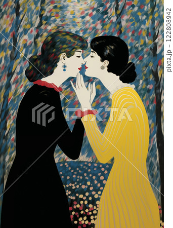 Two Elegant Women Stand Close Together in an Intimate Moment About to Share a Kiss Two Elegant Women Stand Close Together in an Intimate Moment About to Share a Kiss 122808942