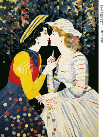 Two Elegantly Dressed Women Sit Close, Looking Into Each Other's Eyes, and Lean In For a Kiss 122808943