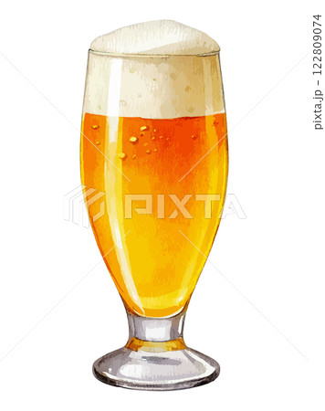 グラスに注がれた生ビールの水彩風イラスト　生成AI 122809074