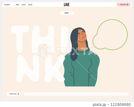 Thinking people, modern flat vector concept illustration- woman standing thoughtfully, looking upwards, bubble near head Metaphor for reflection, analysis, introspection, contemplation, deep thought 122809080
