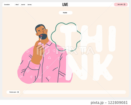 Thinking people, modern flat vector concept illustration- man standing thoughtfully, looking upwards, bubble near his head Metaphor for reflection, analysis, introspection, contemplation, deep thought 122809081