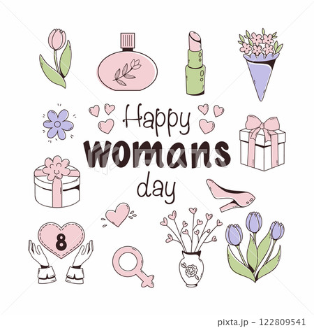 Set of hand drawn illustrations for March 8th holiday. International Women's Day. Stickers for postcard decoration. Handwritten inscription. 122809541