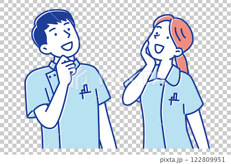 笑顔で斜め上を見ている若い看護師の男女のイラスト 122809951
