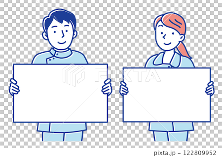 一位年輕男女護士拿著白板並進行講解的插圖 122809952