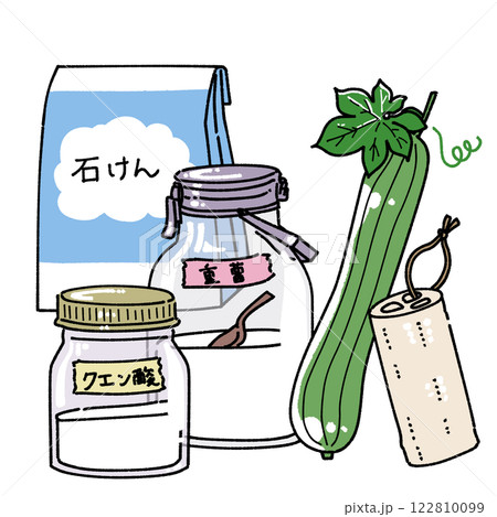環境に優しい洗剤と掃除道具のイラスト 122810099