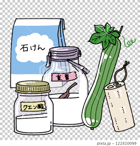 環境に優しい洗剤と掃除道具のイラスト 122810099