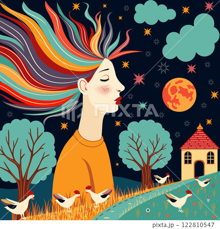fantasy of a girl with colored hair against the background of the night, house, birds. postcard, vector illustration 122810547