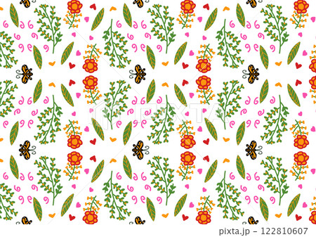 A vibrant floral pattern featuring colorful flowers, leaves, hearts, and bees on a white background, creating a cheerful and lively design. 122810607