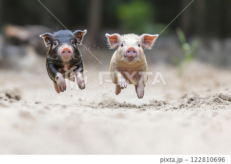 レースのように走るブタたち 122810696