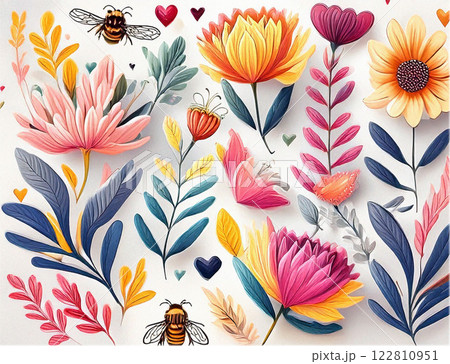 A vibrant floral pattern featuring colorful flowers, hearts, and buzzing bees, creating a cheerful and lively atmosphere. A vibrant floral pattern featuring colorful flowers, hearts, and buzzing bees, creating a cheerful and lively atmosphere. 122810951