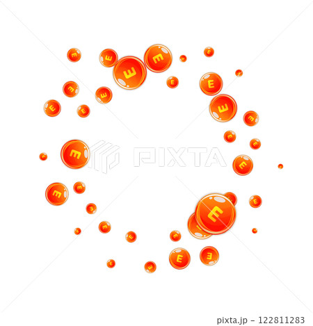 Vitamin E round capsules scattered randomly. Beauty treatment and nutrition skin care. Healthy life concept. Medical and scientific background. 122811283